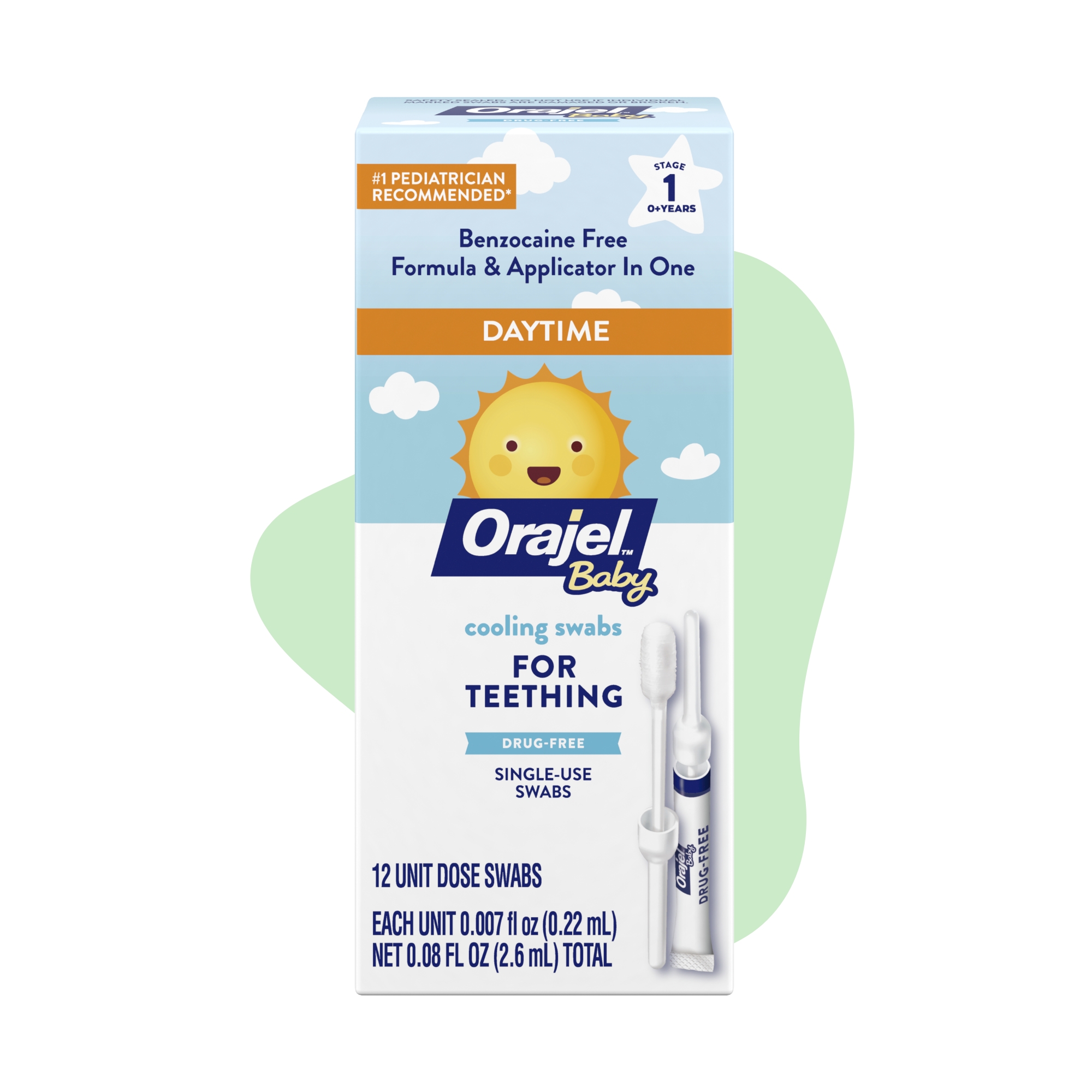 Orajel drug-free and benxocaine free single- use cooling swabs for teething infants.