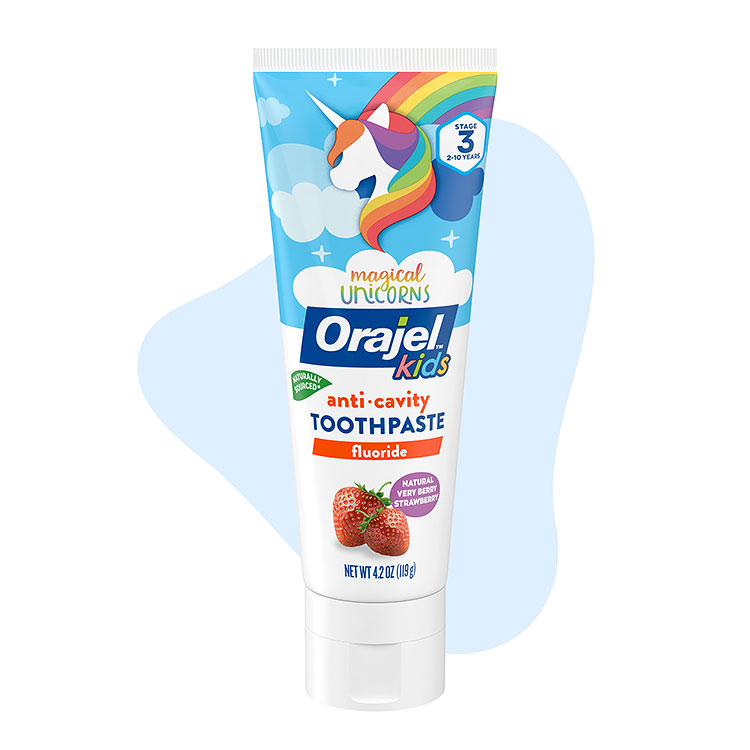 Orajel strawberry flavored unicorn and mermaid anticavity fluoride toothpaste.